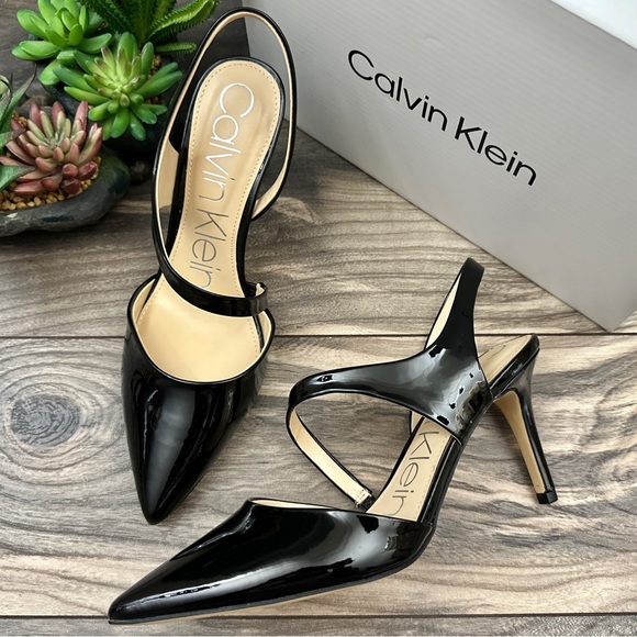 NIB Calvin Klein Geena2 Asymmetrical Strap Slip On Black Patent Pump Heels 8M - Picture 10 of 12